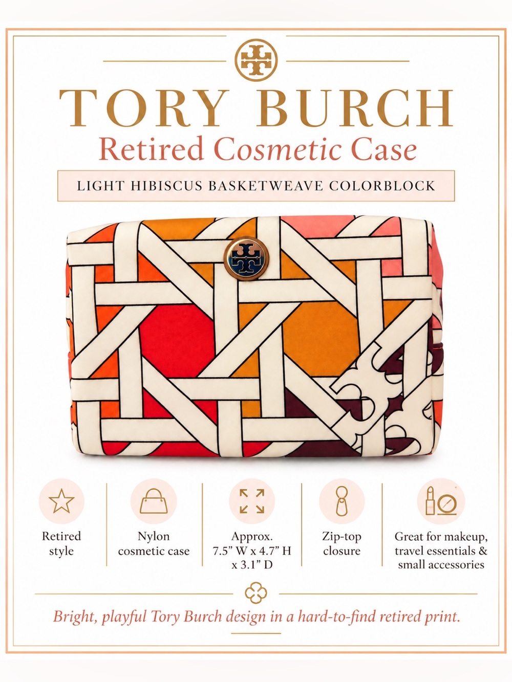 Tory Burch Light Hibiscus Basketweave Cosmetic Case NWT $120 - Picture 2 of 7